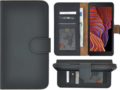 Hoesje Leer Geschikt voor Samsung Galaxy Xcover 5 - Bookcase - Samsung Xcover 5 Wallet Book Case Echt Leer Zwart Cover