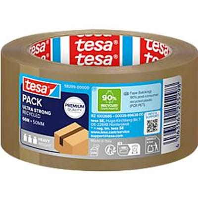 Verpakkingstape tesapack® Eco & Ultra Strong EcoLogo® 58297, extra sterke kleefkracht, voor pakketten tot 30 kg, scheurvast, UV-bestendig, 90% PCR-PET, bruin, L 66 m x B 50 mm