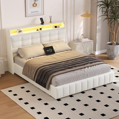 Pugsdrly Gestoffeerd platformbed 160 x 200 met ledverlichting en USB, opbergruimte onder het bed, verstelbare hoofdbordkussens, wit