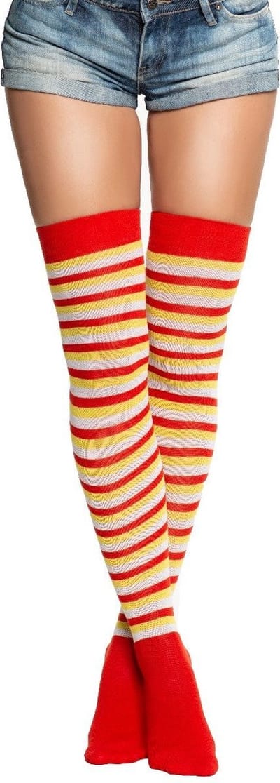 Partychimp Voordeelverpakking 6 pack Overknee Sokken Oeteldonk Rood/Wit/Geel voor bij Carnavalskleding Dames Verkleedkleren Volwassenen Carnaval Accessoires - Rood/Wit/Geel – 80%Katoen/27%Polyamide/3%Elastaan