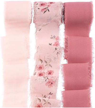 3 Rollen Polyester Frayed Ribbons - 40mm Chiffon Ribbons met Bloemenprint voor Trouwbouquets, Cadeauverpakking en Strikmaken in Roze