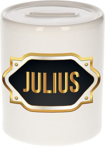 Spaarpot met voornaam Julius - wit - met goud/zwart embleem - 8 x 9 cm - keramiek - met afsluitdop - cadeau verjaardag