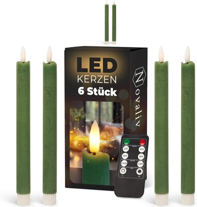 LED-kaarsen met timer groen, 6 stuks voor binnen - 6 uur - ECHTE WAS Hoogte 23 cm voor kaarsen, diameter 2,2 cm. 2 AAA-batterijen vereist. LED-kaarsen, set van 2, groen (twee keer) bewegende vlam.
