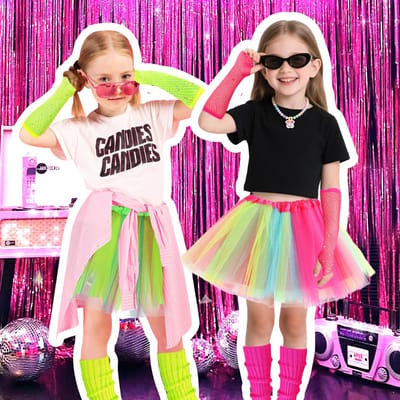 jaren '80 meisjes, discokostuum voor kinderen, meisjes, neonbenen, verwarming, netten, handschoenen en fantasiejurk, tutu, voor de jaren '80, themafeest, disco, party, kostuum