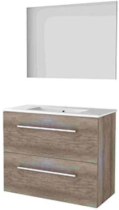 Basic-Line Basic 39 Badkamermeubelset - Ondiep - 80 x 39 cm - Met Grepen - 2 Lades - Keramische Wastafel - 1 Kraangat - Spiegel - Scotch Oak