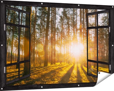 Gards Tuinposter Doorkijk Zonsopkomst in het Bos tussen de Bomen - 150x100 cm - Tuindoek - Tuindecoratie - Wanddecoratie buiten - Tuinschilderij