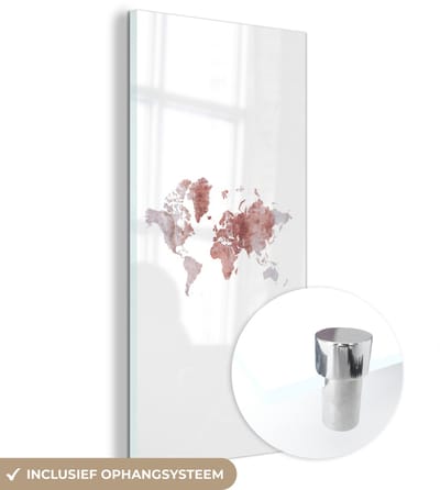 ® Glasschilderij 60x120 cm - Schilderij acrylglas - Wereldkaart - Roze - Verf - Foto op glas - Muurdecoratie woonkamer - Wanddecoratie slaapkamer - Schilderijen