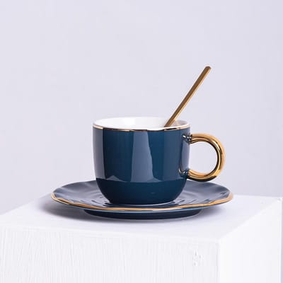Ensemble Tasse à Café Soucoupe Style Européen Luxe Léger Tasse en Céramique Peinte à l'Or Créative Tasse à Thé de l'Après-midi 201-300ml blue