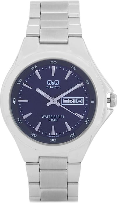 Q&Q A164J212Y - Polshorloge - Horloge - Analoog - Mannen - Heren - stalen band - Rond - Metaal - Cijfers - Datumaanduiding - Zilverkleurig - Blauw - Grijs