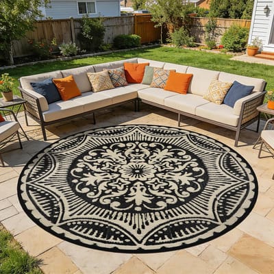 Waterdicht rond buitentapijt ø240 cm omkeerbare tuintapijten ronde boho plastic stro cirkel tapijt draagbaar RV camping tapijt binnen buiten mat voor achtertuin trailer balkon picknick decor