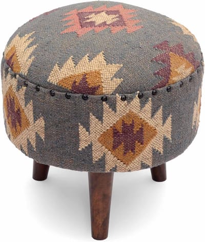 Ronde Poef Ottomanen met Jute Kelim Bekleding en Houten Zitframe