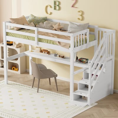 REDOM Hoogslaper 90x200 cm van grenenhout/MDF – Met bureau, opberglades en bedhek – Wit