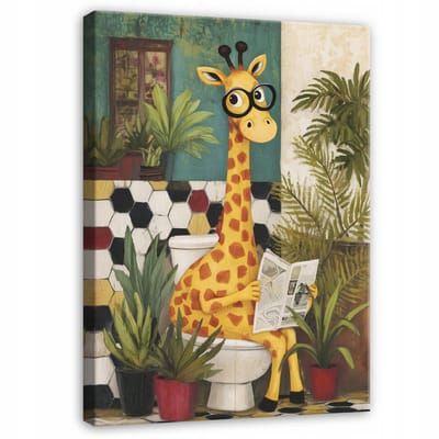 WALLARENA - Schilderij op canvas - 100x70 cm - grappige giraf op toilet met krant - badkamer wanddecoratie en toilet decoratie