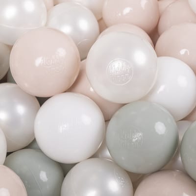 KiddyMoon Ballenbak 50 Ballen 7 cm Zacht Ideaal Voor Ballenbak Speeltenten En Springkastelen Kleurrijk Duurzaam Gemaakt In EU Voor Binnen En Buiten - Wit Parel Pastelbeige Groengrijs