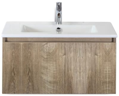 Frozen 3D Badmeubelset 80 cm - Greeplijst in Kleur - Grain Oak - Keramische Wastafel Wit 1 Kraangat