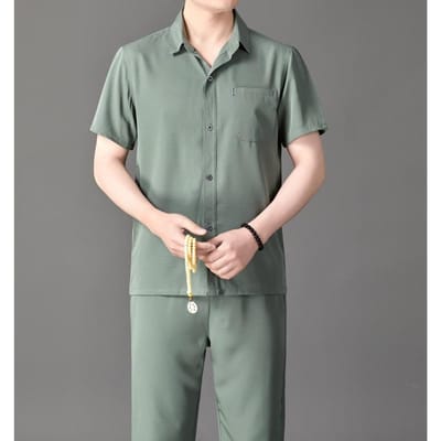 Zomer Middelbare en Oudere Mannen Korte Mouw Katoen Linnen Overhemd Set Casual Halve Mouw Los Overhemd Papa Overhemd 44/190 gray