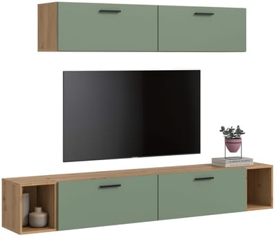 Woonwand in artisan eik en rookgroen - Modulaire kast met opbergruimte - 202 cm breed