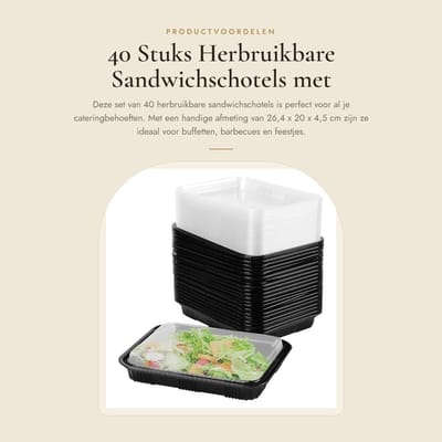Dailygoods- Sandwichschotels 40 Stuks - Herbruikbare Buffetten - Cateringdienbladen - Kunststof Zwart - 26,4 x 20 x 4,5 cm - Voedseltrays met Deksel