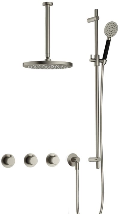 Hotbath Cobber IBS70 inbouw regendoucheset met ronde handdouche aan houder en 30cm ronde hoofddouche aan 30cm plafondarm geborsteld nikkel
