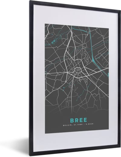 Fotolijst incl. Poster - Plattegrond – Bree – Blauw – Stadskaart - Kaart - België - 40x60 cm - Posterlijst