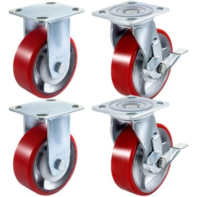 VEVOR 4 Stuks 6 x 2 Inch Zwenkwielen, 2 Vaste en 2 Zwenkwielen met Zijrem, Zware Wielen Polyurethaan Ijzeren Kernplaat, IndustriëLe Zwenkwielen 1000 Pond (Ca. 454 Kg) Capaciteit Per Wiel