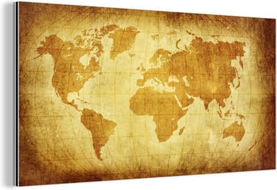 Aluminium schilderij 160x80 cm - Wanddecoratie metaal - Wereldkaart - Vintage - Bruin - Metalen muurdecoratie woonkamer - Decoratie industrieel - Foto op dibond - Industriële accessoires slaapkamer
