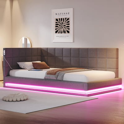DESMIU Gestoffeerd Bed 90x200cm – Multifunctioneel Slaapbankbed met Ledverlichting & Usb-aansluiting – Opbergruimte – Voor Slaapkamer – Linnenlook – Grijs – Zonder matras