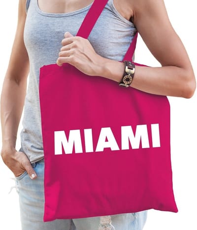 Katoenen Florida/USA/wereldstad tasje Miami fuchsia roze - 10 liter - steden cadeautas