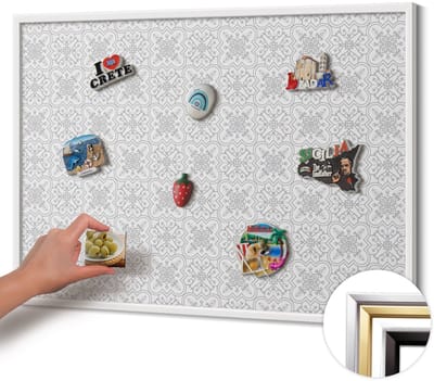 Wallfluent - Grijs Magneetbord in Stijlvolle Kleuren - 100 cm x 70 cm - Magneetbord met Witte Frame - Regelmatig ornamentpatroon - Magnetisch Wandbord - Memobord Magnetisch - Magnetisch Bord Kindvriendelijk