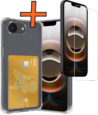 Hoes - Geschikt voor Apple iPhone 16e - Met Screenprotector - En Pashouder - En Kaarthouder - Telefoon Hoesje Shockproof - Siliconen Case - Back Cover - Shock Proof - Pasjes Houder - Transparant