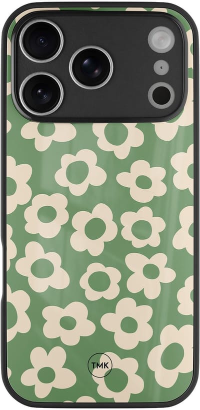 Hoesje geschikt voor Apple iPhone 17 Pro - Retro cute flowers - Groen - TPU luxe case (glossy toplaag) - Bloemen - Hardcase backcover zwart
