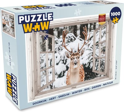 Puzzel Doorkijk - Hert - Sneeuw - Winter - Bos - Dieren - Natuur - Legpuzzel - Puzzel 1000 stukjes volwassenen