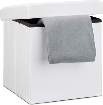 Poef - lederen Poef - Poef met Opbergruimte - Opbergbox - Hocker -Opvowbare Poef - Opbergdoos - 38 x 38 x 38 cm - Wit