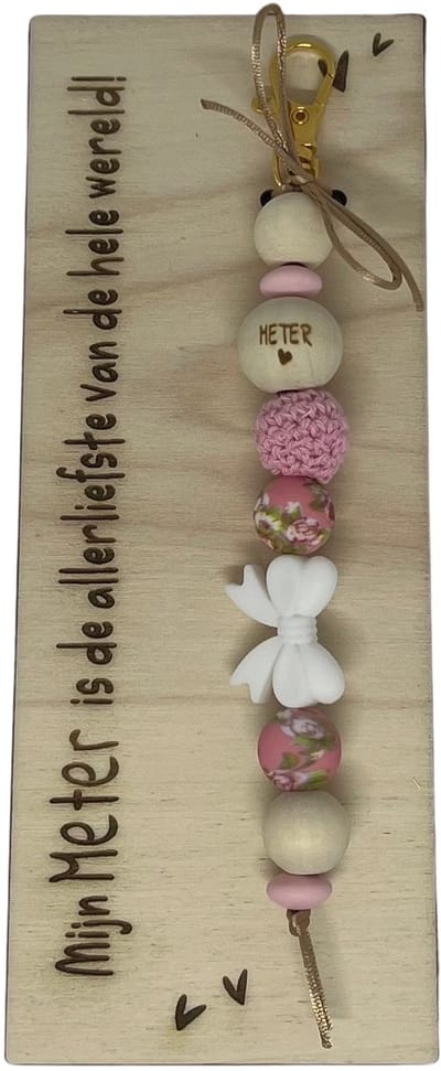 Sleutelhanger en houten kaartje liefste Meter | ROZE | STRIK | jij bent de liefste | liefste meter | coolste peter | cadeau