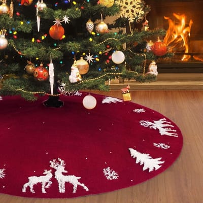 Knitted Kerstboomrok 48" met 3D Elanden, Rustieke Rode Boomrok voor Binnen en Buiten, Perfect voor Kerstdecoraties en Feestelijke Gelegenheden