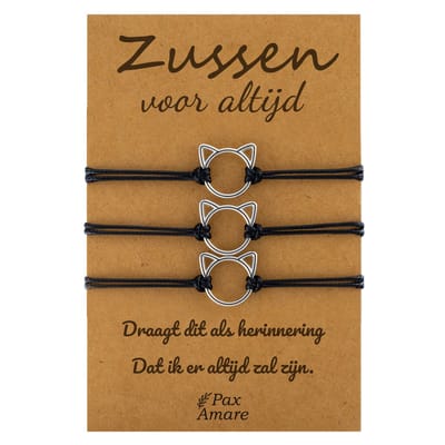 Vriendschapsarmbandjes voor 3 "Zussen voor altijd" - Schattig Katje - BFF Armbandjes met Cadeau Kaartje - Zwart & Zilverkleurig - Katje / Poesje Armband - Pax Amare