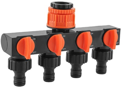 4-Weg Watersplitter (1" Naar 3/4" Naar 1/2") - met Onafhankelijke Kranen - Slangaansluiting met 1 Ingang en 4 Uitgangen - Ideaal voor Tuinberegening - Oranje - 1 Stuk