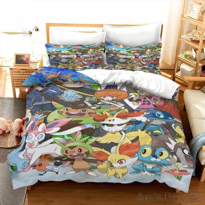 Pokemon Beddengoed Set Cartoon Anime Kinder Slaapkamer Dekbedovertrek Jongen Meisje Beddengoed Enkel Dubbel King Pikachu Dekbedovertrek Cadeau AU Queen(210*210cm)3pcs