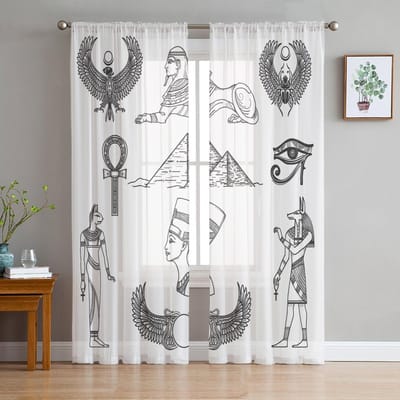 Tule Gordijnen Egyptische Architectuur Oude Jongens en Meisjes Slaapkamer Transparant Hangend Gordijn Woonkamer Keuken Gaas Gordijn 135W x 114H(cm)