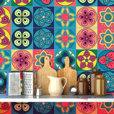 Zelfklevende tegelmuurstickers voor keuken en badkamer - 9 vintage Azulejo tegelstickers met mozaïekornamenten - 9 stickers, 10x10cm