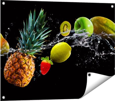 Gards Tuinposter Fruit met Water op Zwart Achtergrond - 80x60 cm - Tuindoek - Tuindecoratie - Wanddecoratie buiten - Tuinschilderij