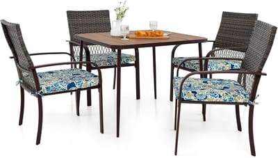 COSTWAY Polyrotan tuinmeubelset voor 4 personen, tafel, 4 rotanstoelen en kussens, tafelblad van WPC met paraplugat, terrasmeubelset, tuingarnituur, zitgroep, zitmeubel, eetgroep