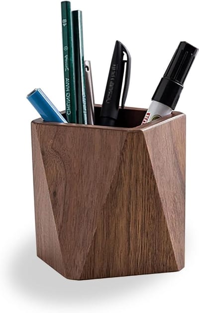 Vierkante Houten Pennenhouder - Organisator voor Kantoorbenodigdheden, Make-up Penselen en Bureau Decoratie in Zwart Walnoot (10x10x10 cm)