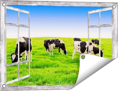Gards Tuinposter Doorkijk Kudde Koeien in de Wei - Hemel Blauwe Lucht - 60x40 cm - Tuindoek - Tuindecoratie - Wanddecoratie buiten - Tuinschilderij