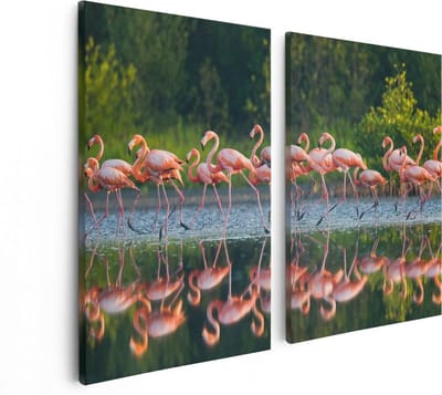 Artaza Canvas Schilderij Tweeluik Kudde Flamingo's op het Water - 80x60 - Foto Op Canvas - Canvas Print