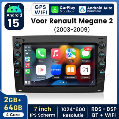 Hexinex Quad-Core autoradio Geschikt voor Renault Megane 2 (2003-2009) - Draadloos CarPlay, Android Auto, multimediaspeler, 2GB+64GB