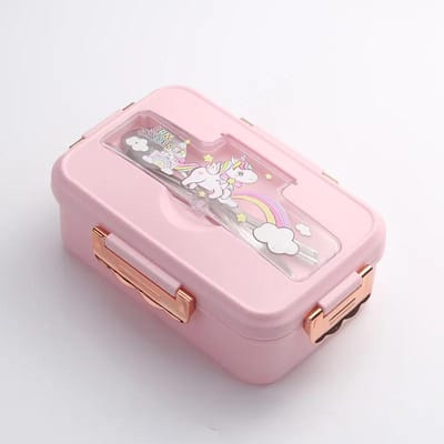 Lunchbox met cartoonpatroon voor kinderen, studenten, cafetaria, magnetron, lunchbox met servies, sandwich, ontbijt, voedselcontainer white