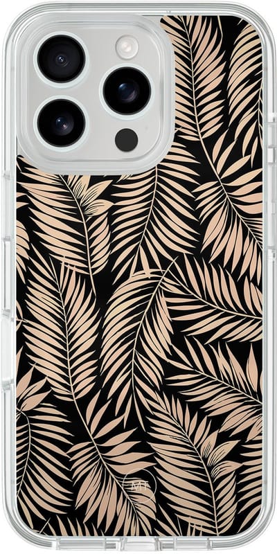 Hybride hoesje geschikt voor iPhone 16 Pro - Palm silhouette - Extra bescherming - Luxe beschermhoes - TPU case - Transparant, Zwart, Goud - Mooie Telefoonhoesjes