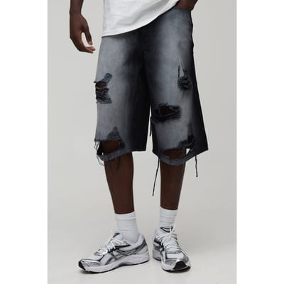 Fade Wash Extreme Distressed Longline Jorts | Washed Black | Size 44