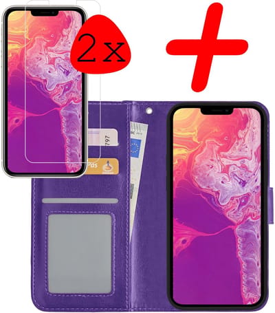 Hoesje Met 2x Screenprotector - Geschikt voor Apple iPhone 13 Mini - Luxe Pasjeshouder - Bookcase Portemonee - Flip Case - Kunstleer Book Case - Flipcase Hoes - Book Cover - Walletcase - Portemonneehoes - Paars